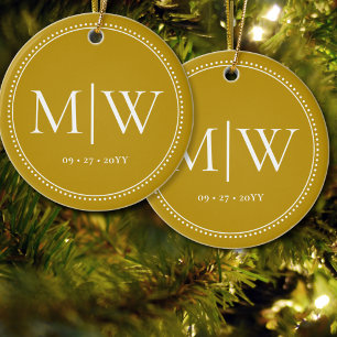 Minimalist Newlyweds Monogram Gold Holiday Ceramic Ornament