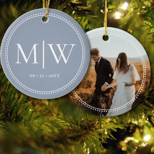 Minimalist Newlyweds Monogram Photo Blue Holiday Ceramic Ornament