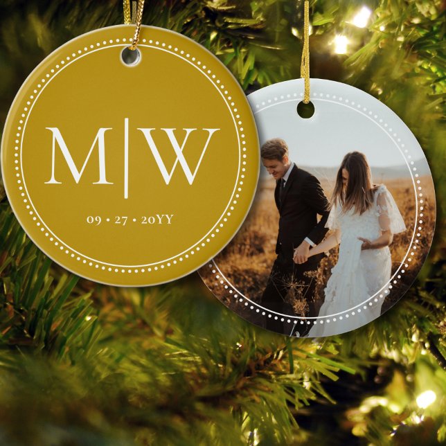 Minimalist Newlyweds Monogram Photo Gold Holiday Ceramic Ornament (Creator Uploaded)