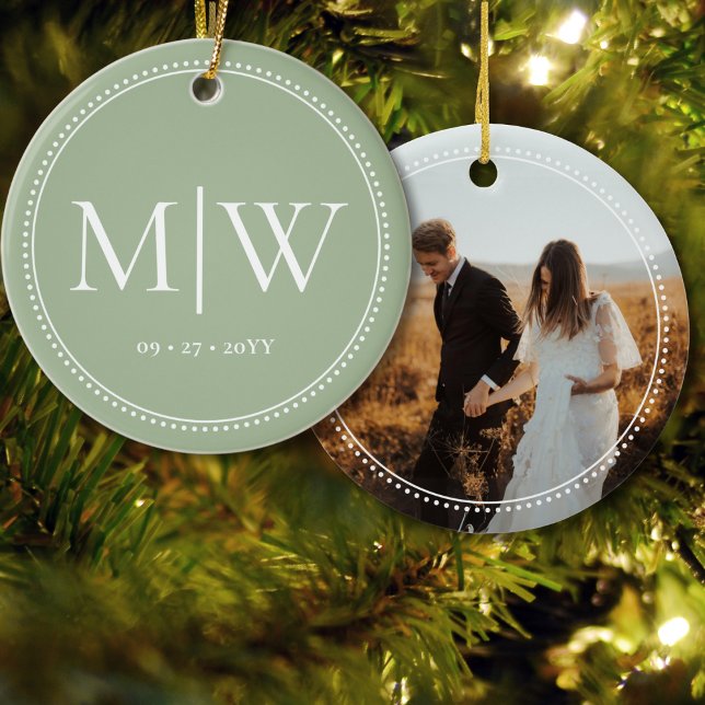 Minimalist Newlyweds Monogram Photo Sage Holiday Ceramic Ornament (Creator Uploaded)