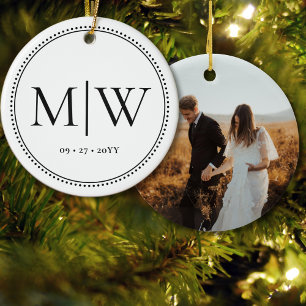 Minimalist Newlyweds Monogram Photo White Holiday Ceramic Ornament
