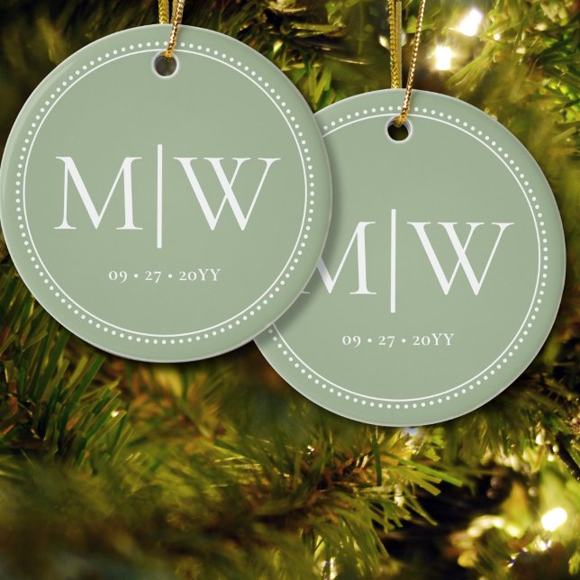 Minimalist Newlyweds Monogram Sage Green Holiday Ceramic Ornament (Creator Uploaded)