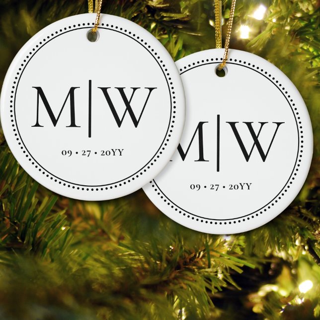 Minimalist Newlyweds Monogram White Holiday Ceramic Ornament (Creator Uploaded)
