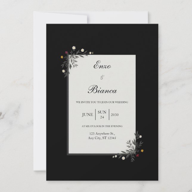 Minimalist Nordic Floral Corner White Wedding Invitation (Front)