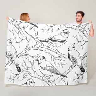 Minimalist North American Birds Line Art Pattern Fleece Blanket