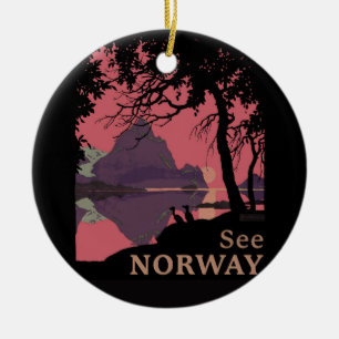 Minimalist Norway Sunset Poster - Mountain Fjord Ceramic Ornament