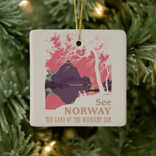 Minimalist Norway Sunset Poster - Mountain Fjord Ceramic Ornament