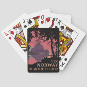 Minimalist Norway Sunset Poster - Mountain Fjord Playing Cards