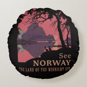 Minimalist Norway Sunset Poster - Mountain Fjord Round Pillow