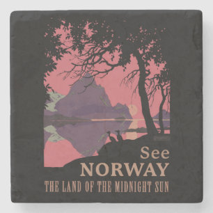 Minimalist Norway Sunset Poster - Mountain Fjord Stone Coaster