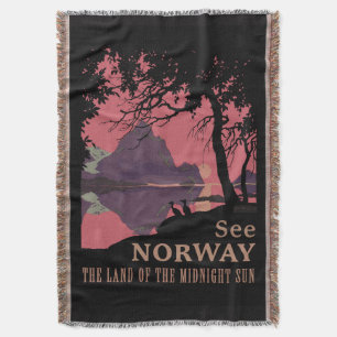 Minimalist Norway Sunset Poster - Mountain Fjord Throw Blanket