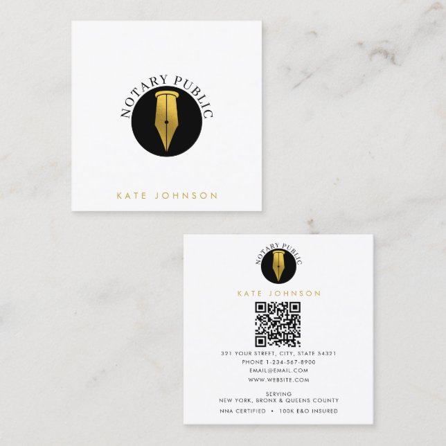 Minimalist Notary Service Signing Agent Logo Gold Square Business Card (Front/Back)