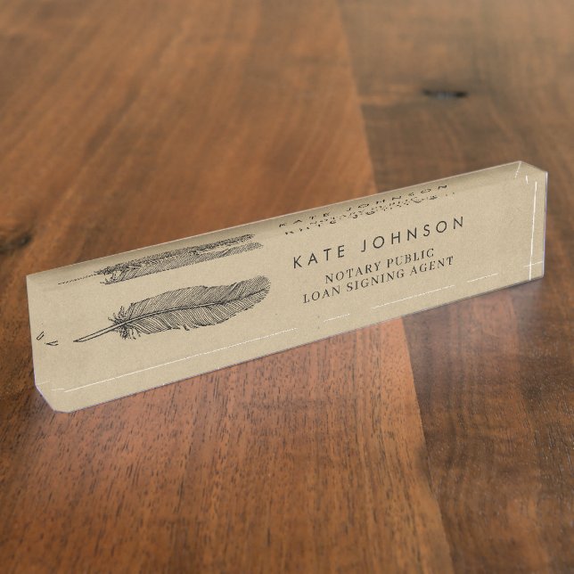 Minimalist Notary Signing Agent Feather Kraft Logo Nameplate (Side)