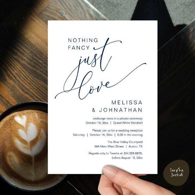 Minimalist Nothing Fancy Just Love Wedding Dinner Invitation (Minimalist Nothing Fancy Just Love Wedding Dinner Invitation Card in Chic Navy Blue)