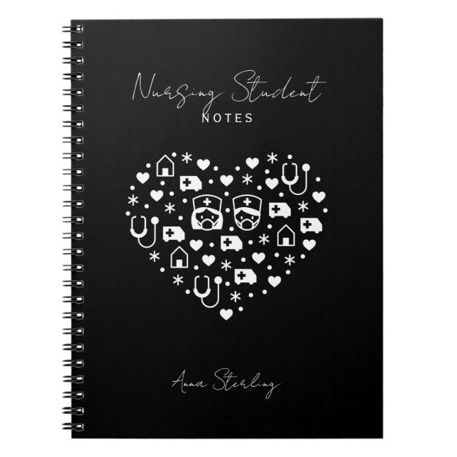 Minimalist Nursing Student Personalized Black Notebook (Front)
