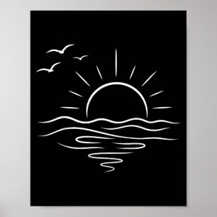 Minimalist Ocean Sunset Line Art Beach Summer Poster