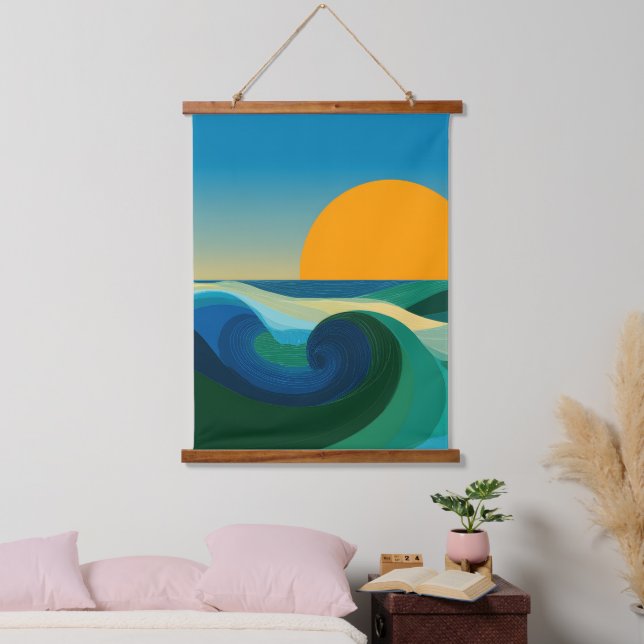 Minimalist Ocean Wave Sunset Topped Wall Tapestry (Bedroom)