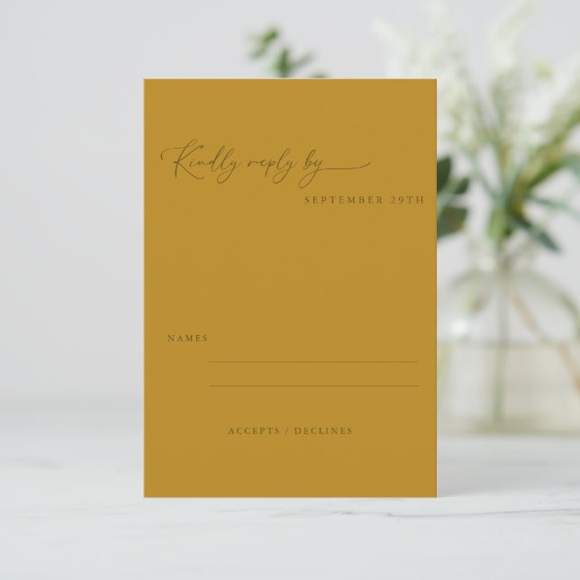 Minimalist Ochre Yellow Boho Script Wedding RSVP Card (Standing Front)