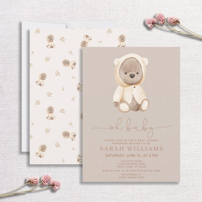 Minimalist Oh Baby Brown Bear Baby Shower Invitation (Creator Uploaded)