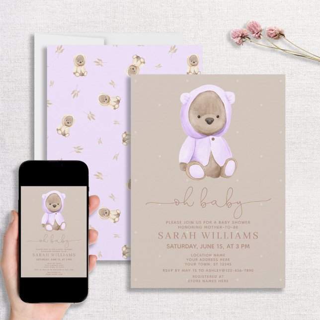 Minimalist Oh Baby Lavender Bear Baby Shower Invitation (Creator Uploaded)