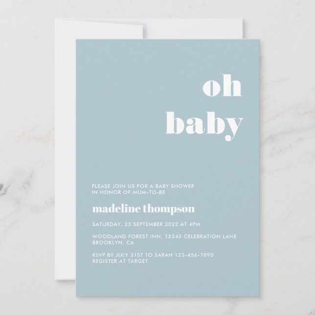 Minimalist Oh Baby Pastel Blue Baby Shower Invitation (Front)