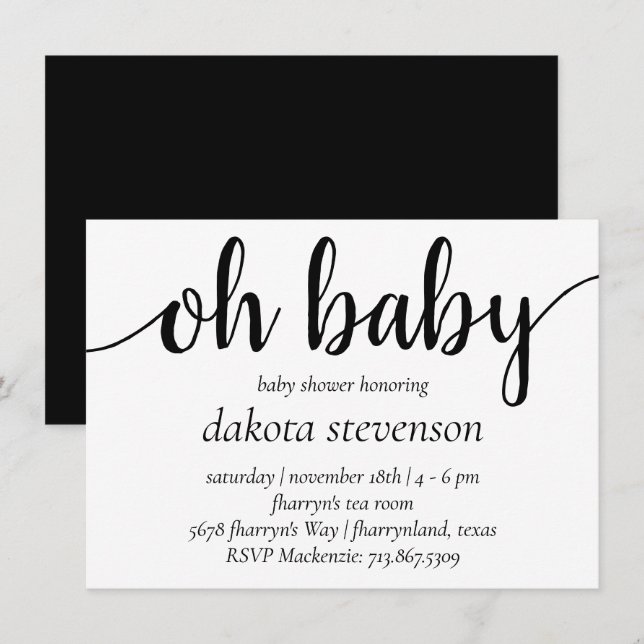 Minimalist Oh Baby Shower | Chic Black and White Invitation (Front/Back)
