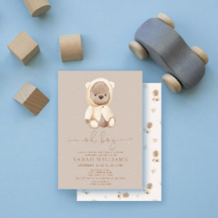 Minimalist Oh Boy Brown Bear Baby Shower Invitation