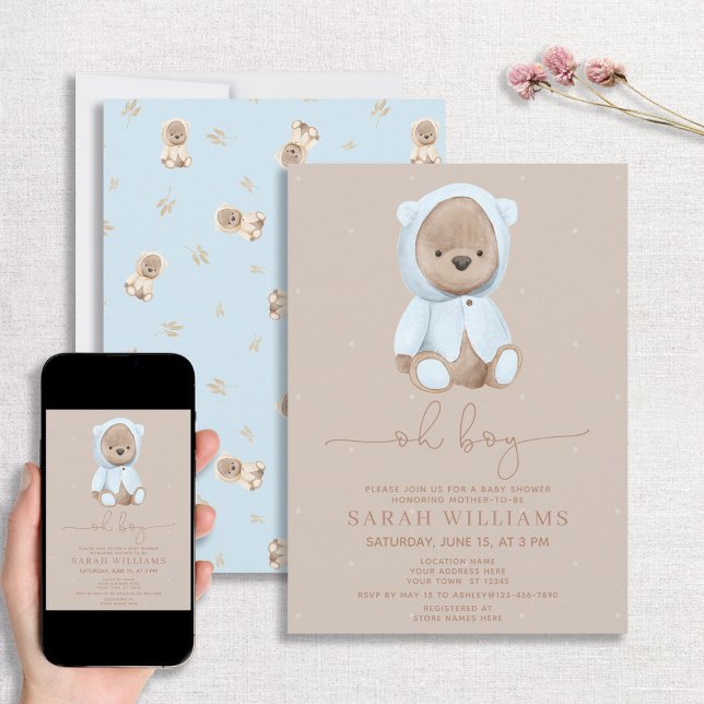 Minimalist Oh Boy Dusty Blue Bear Baby Shower Invitation (Creator Uploaded)