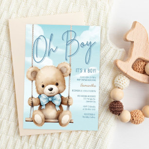 Minimalist Oh Boy It's A Boy Blue Bear Baby Shower Invitation