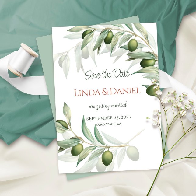 Minimalist Olive Branch Save the Date Wedding Card (Creator Uploaded)