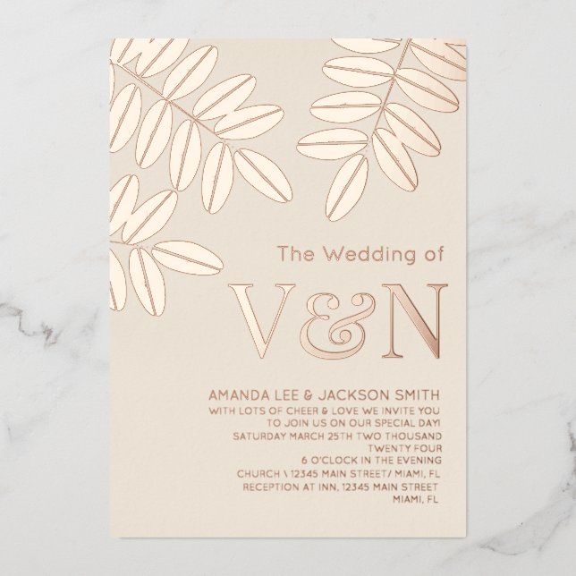 Minimalist Olive Branches Rose Gold Beige Wedding (Front)