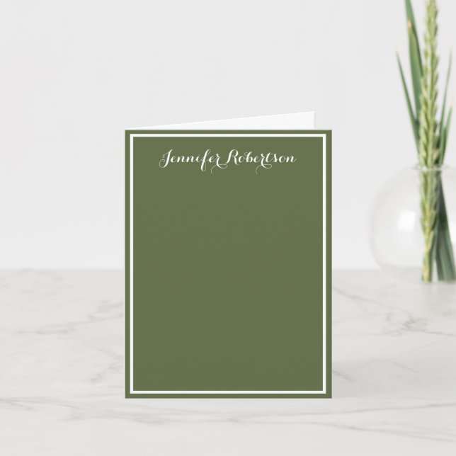 Minimalist Olive Green Elegant Script Custom name  Note Card (Front)