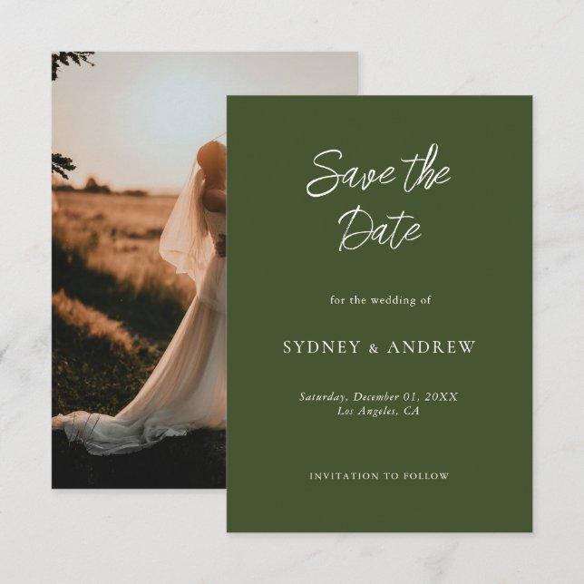Minimalist Olive Green Photo Save The Date Card (Front/Back)