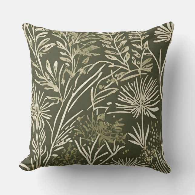 Minimalist Olive Green Sage Botanical Print Throw Pillow (Front)