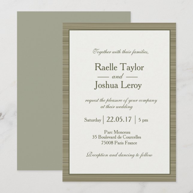 Minimalist olive green stripes modern zen wedding invitation (Front/Back)