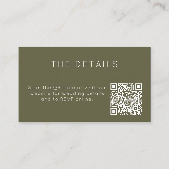 Minimalist Olive Green Wedding RSVP Online QR Code Enclosure Card (Front)