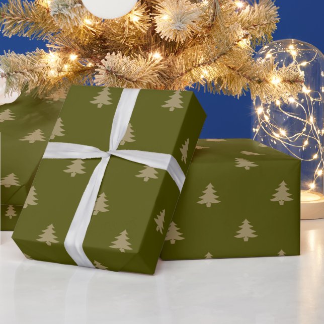 Minimalist olive moss green gold Christmas trees Wrapping Paper (Holidays)