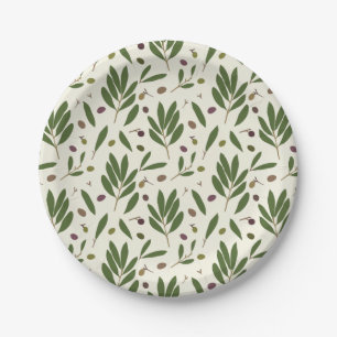 Minimalist Olives and Branches - seamless pattern. Paper Plate
