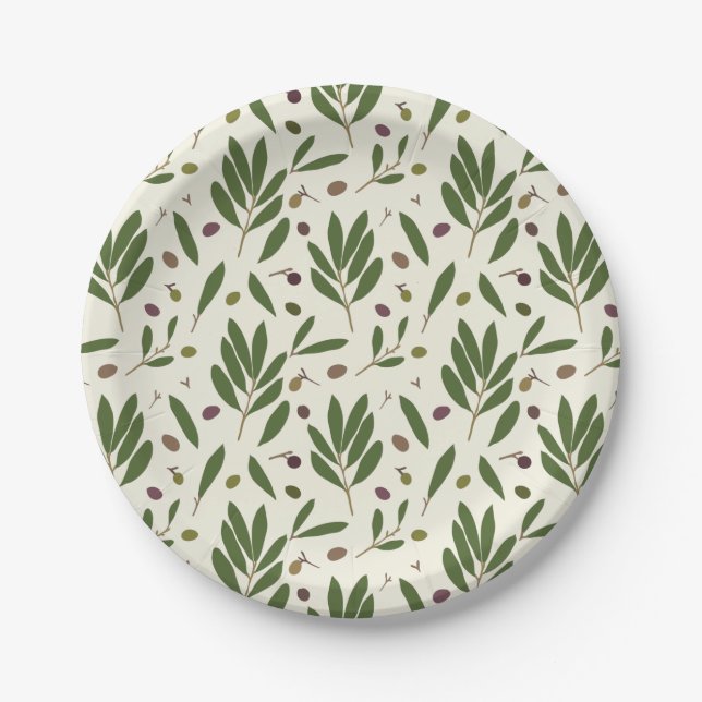 Minimalist Olives and Branches - seamless pattern. Paper Plate (Front)