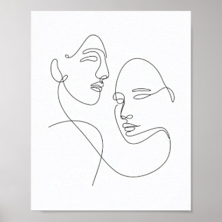 Minimalist One Line Drawing of Two Faces Poster