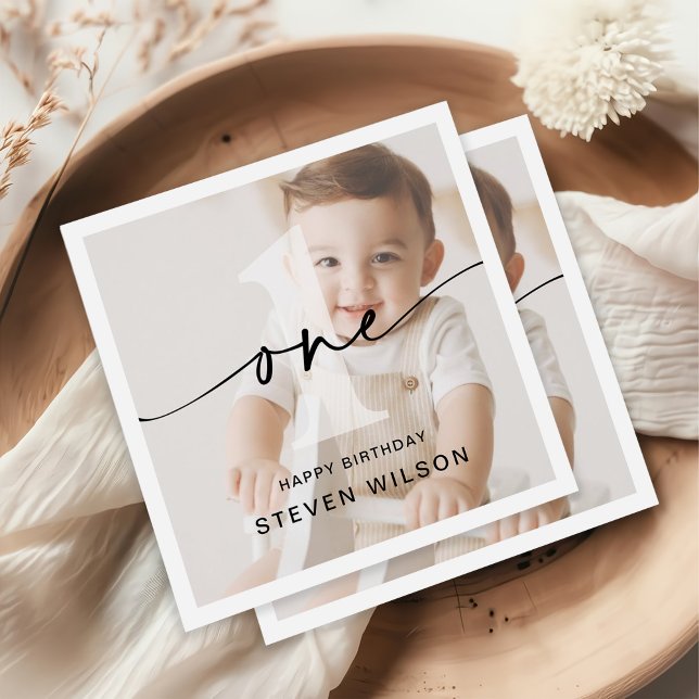Minimalist One Photo First Birthday Napkin (Creator Uploaded)