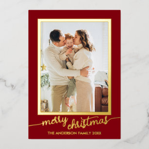 Minimalist One Photo Script Merry Christmas Foil Holiday Card
