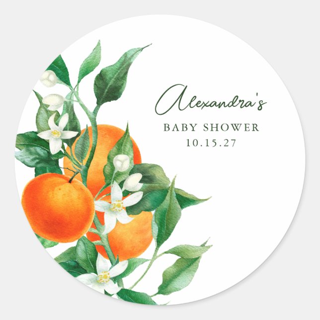 Minimalist Orange Fruit Botanical Baby Shower Classic Round Sticker (Front)