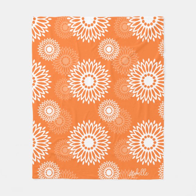 Minimalist Orange Mandala Geometric Floral Name Fleece Blanket (Front)