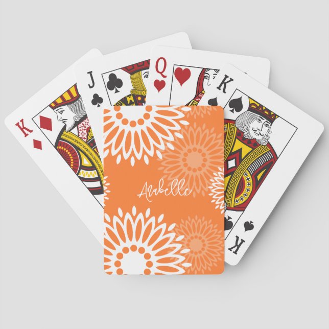 Minimalist Orange Mandala Geometric Floral Name Playing Cards (Back)