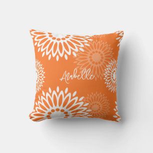Minimalist Orange Mandala Geometric Floral Name Throw Pillow