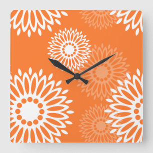 Minimalist Orange Mandala Geometric Floral Pattern Square Wall Clock