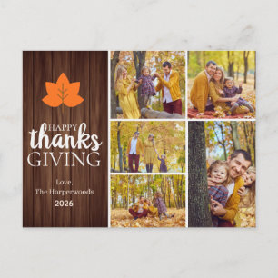 Minimalist Orange Maple Leaf 5 Photo thanksgiving  Holiday Postcard