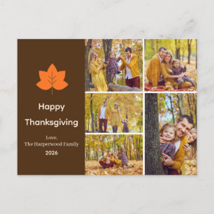 Minimalist Orange Maple Leaf 5 Photo thanksgiving  Holiday Postcard