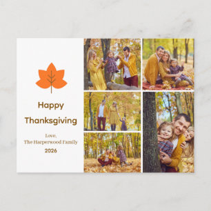 Minimalist Orange Maple Leaf 5 Photo thanksgiving  Holiday Postcard